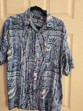 Puritan Blue and White Tropical Print‎ Short-Sleeve Button-Down Shirt